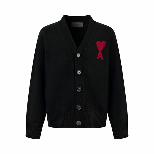 AMI Paris Ami de Cœur V-Neck Wool Cardigan — Black