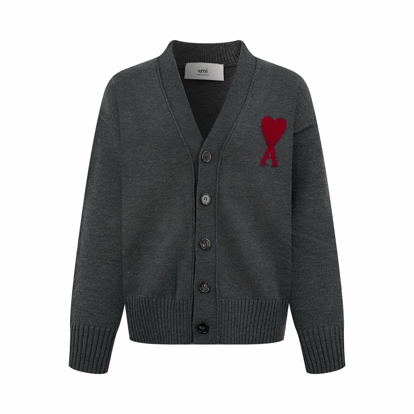 AMI Paris Ami de Cœur V-Neck Wool Cardigan — Charcoal Grey