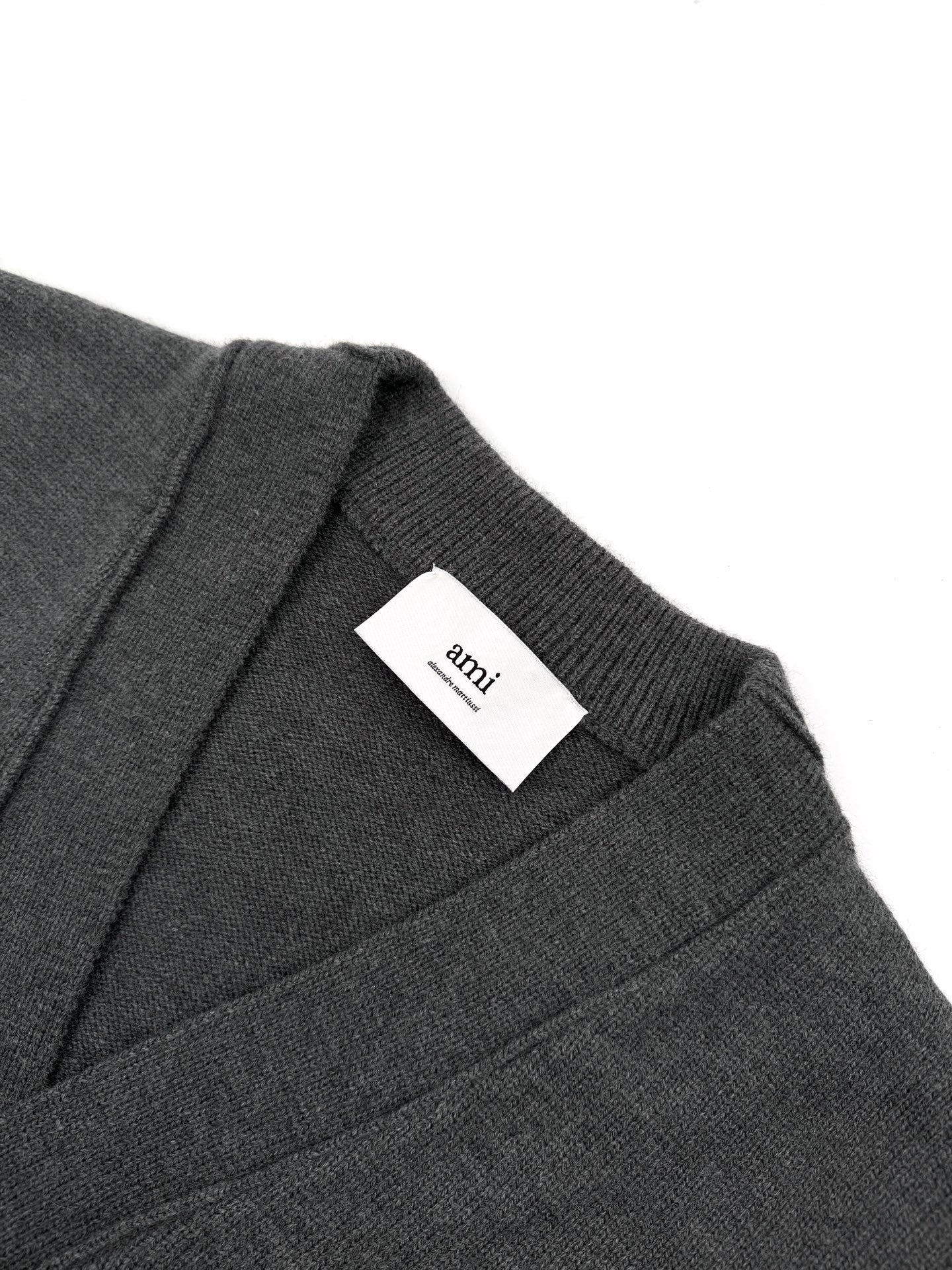 AMI Paris Ami de Cœur V-Neck Wool Cardigan — Charcoal Grey