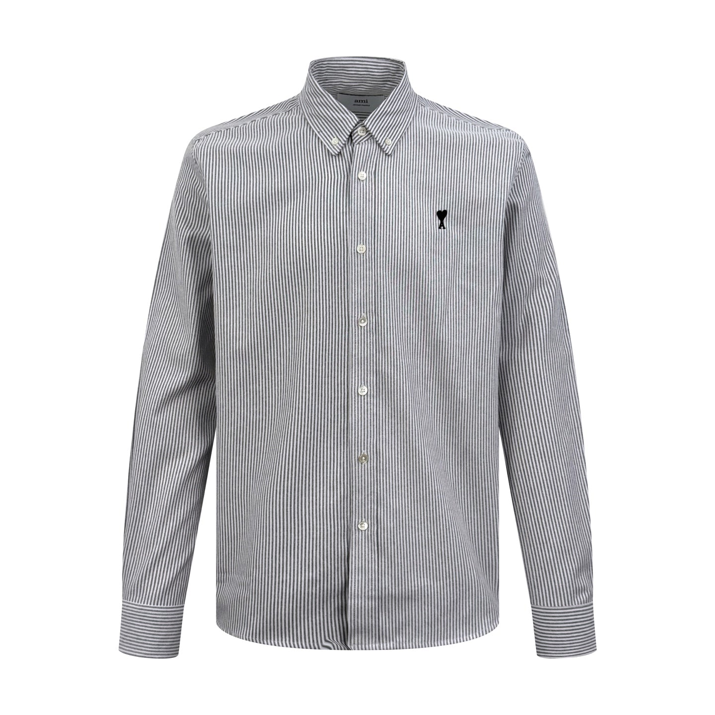 AMI Paris Ami de Cœur Pinstripe Cotton Long-Sleeve Shirt — Black & White