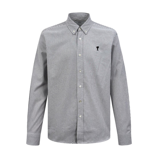 AMI Paris Ami de Cœur Pinstripe Cotton Long-Sleeve Shirt — Black & White