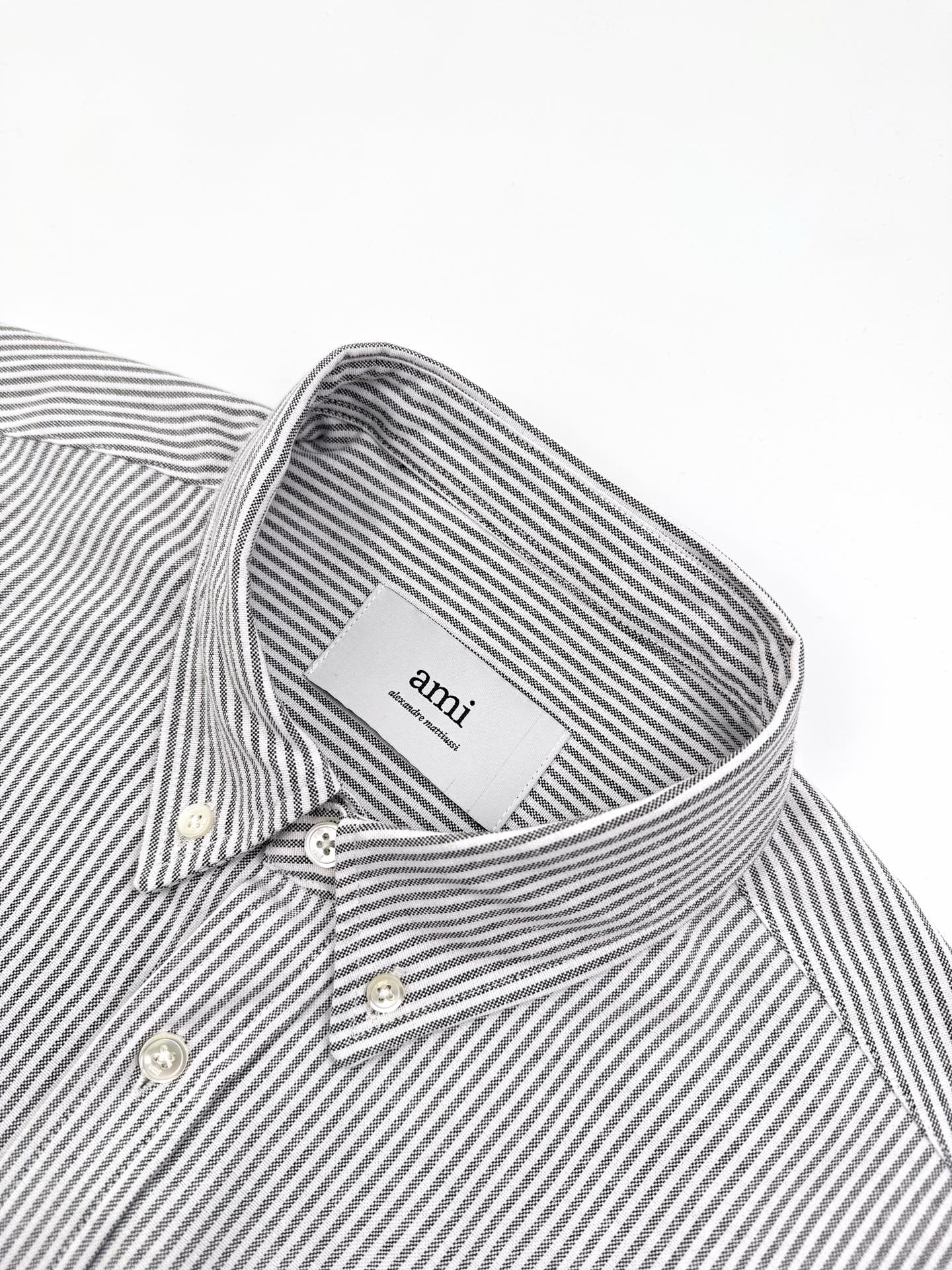 AMI Paris Ami de Cœur Pinstripe Cotton Long-Sleeve Shirt — Black & White