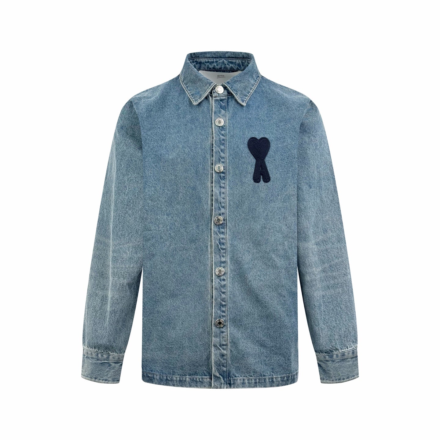 AMI Paris Ami de Cœur Oversized Logo Denim Shirt — Light Blue Wash