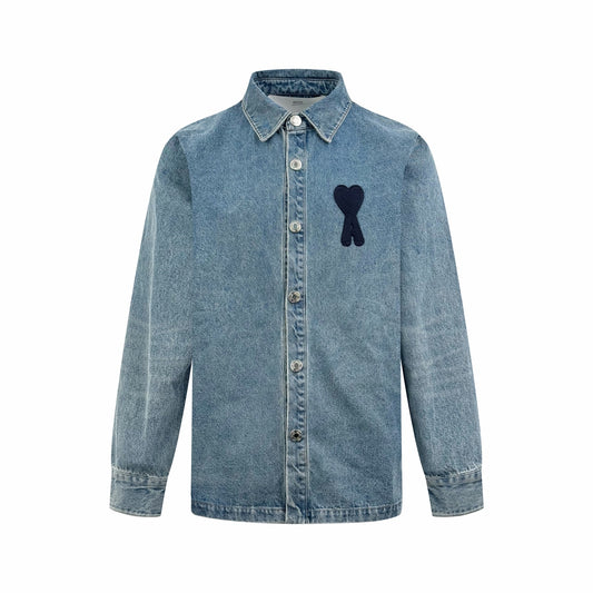 AMI Paris Ami de Cœur Oversized Logo Denim Shirt — Light Blue Wash