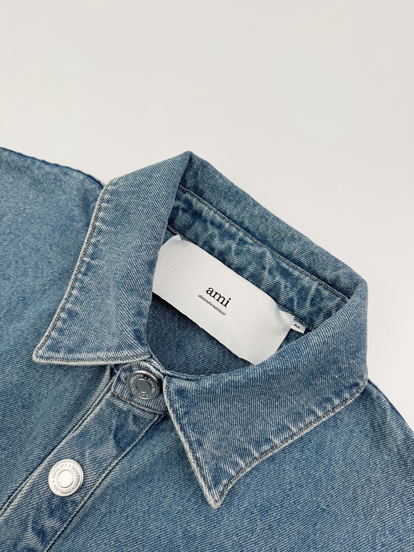 AMI Paris Ami de Cœur Oversized Logo Denim Shirt — Light Blue Wash