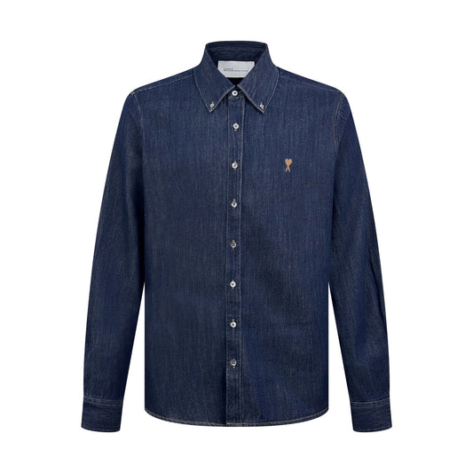 AMI Paris Ami de Cœur Raw Denim Button-Down Shirt — Indigo