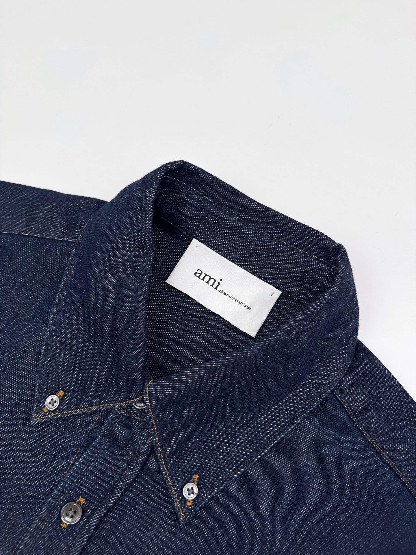 AMI Paris Ami de Cœur Raw Denim Button-Down Shirt — Indigo