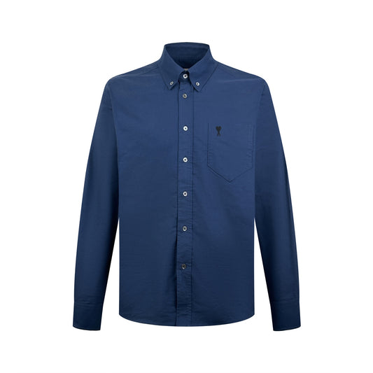 AMI Paris Ami de Cœur Tonal Oxford Cotton Button-Down Shirt — Navy