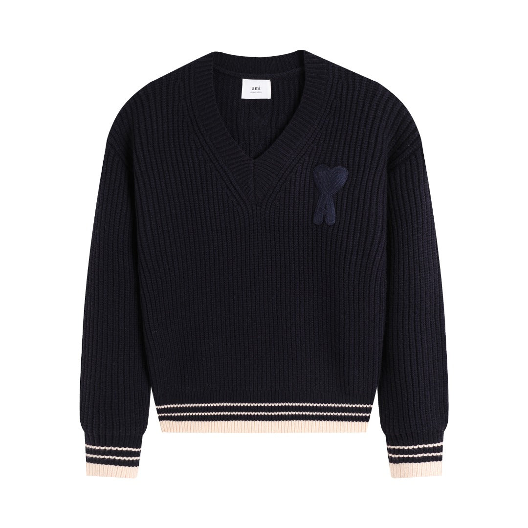 AMI Paris Ami de Cœur Varsity Stripe V-Neck Knit Sweater