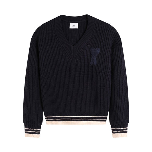 AMI Paris Ami de Cœur Varsity Stripe V-Neck Knit Sweater