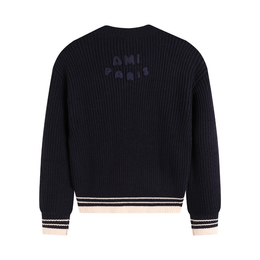AMI Paris Ami de Cœur Varsity Stripe V-Neck Knit Sweater