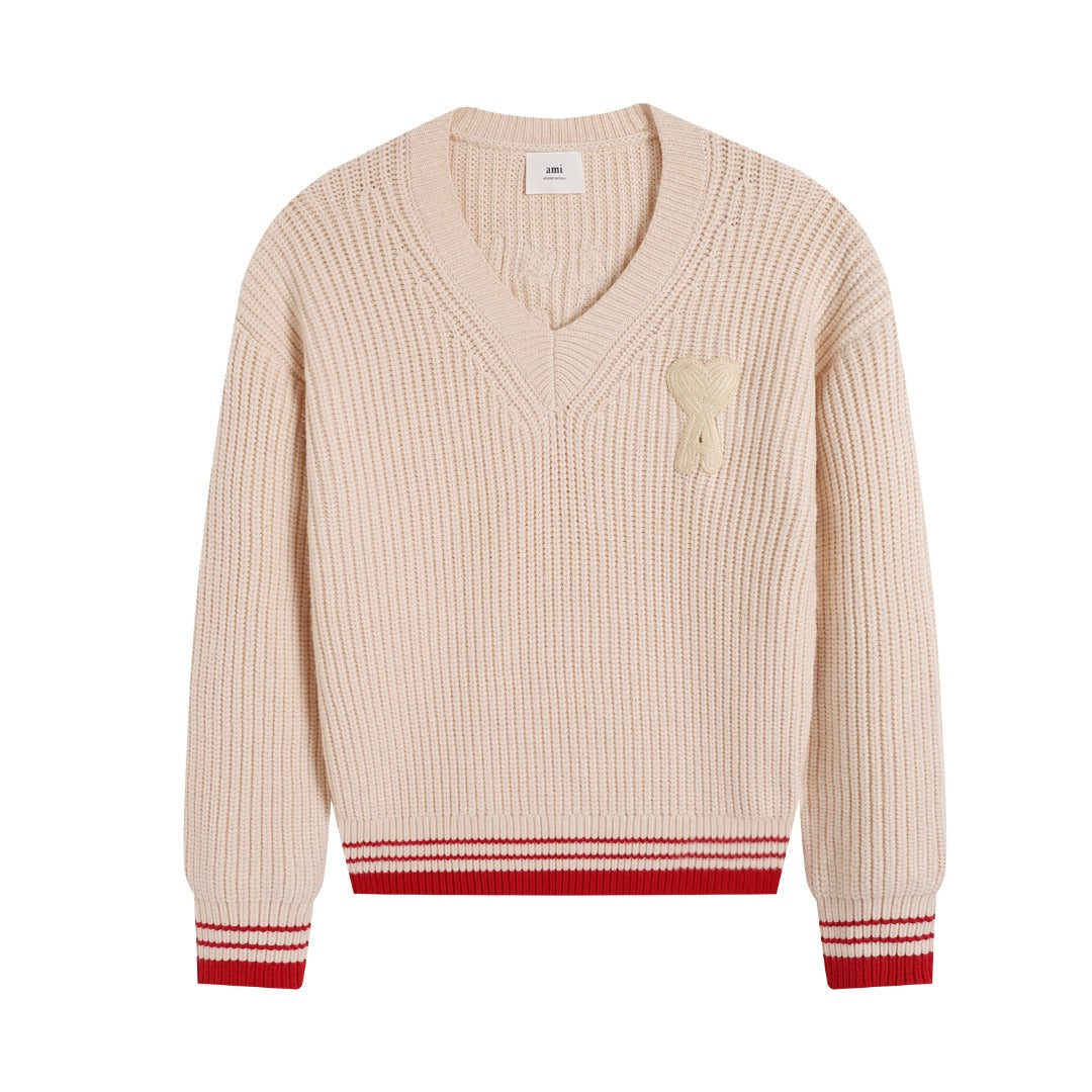 AMI Paris Ami de Cœur Varsity Stripe V-Neck Knit Sweater