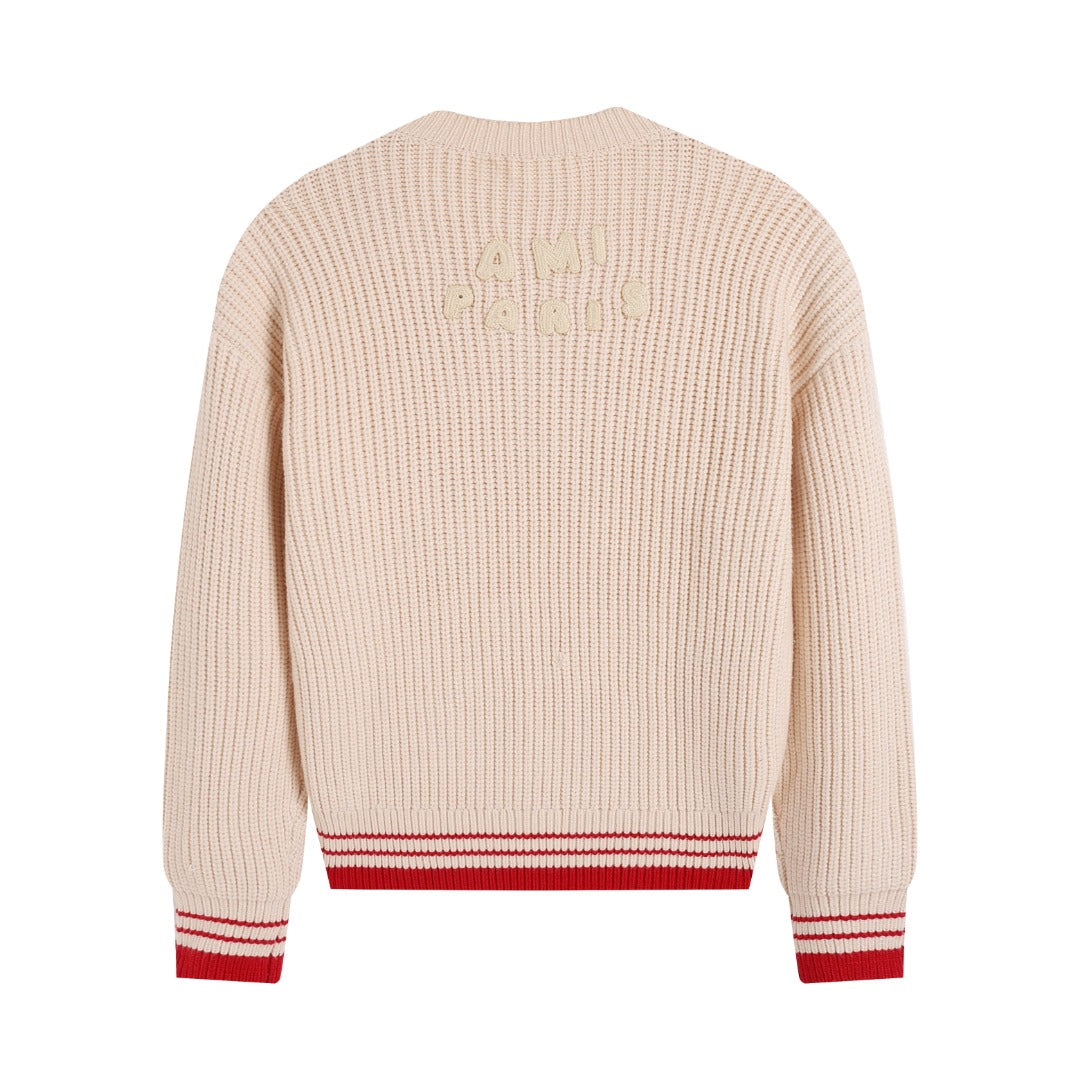 AMI Paris Ami de Cœur Varsity Stripe V-Neck Knit Sweater