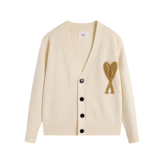 AMI Paris Ami de Cœur Gold Sequin Logo V-Neck Wool Cardigan — Ivory