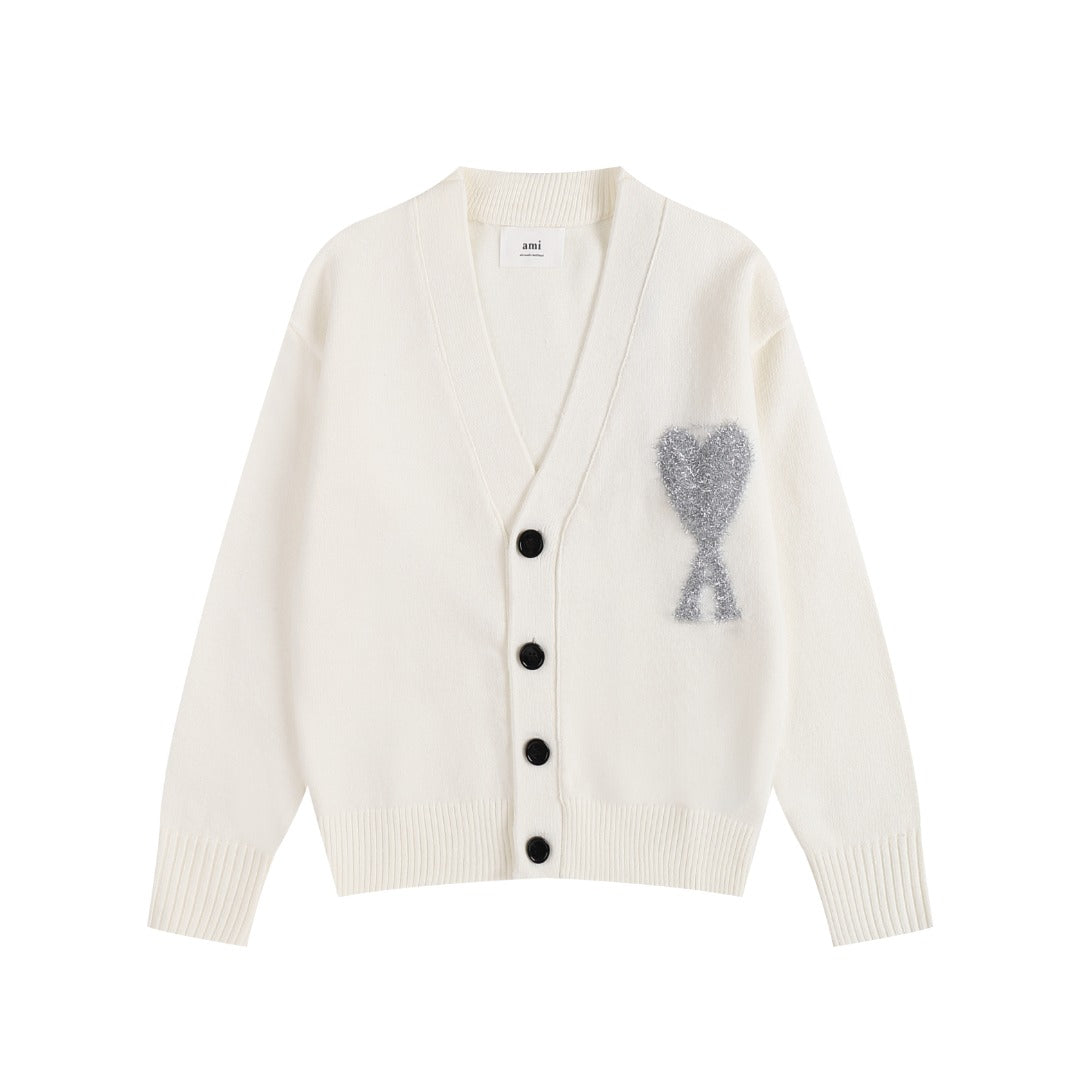 AMI Paris Ami de Cœur Gold Sequin Logo V-Neck Wool Cardigan — Ivory