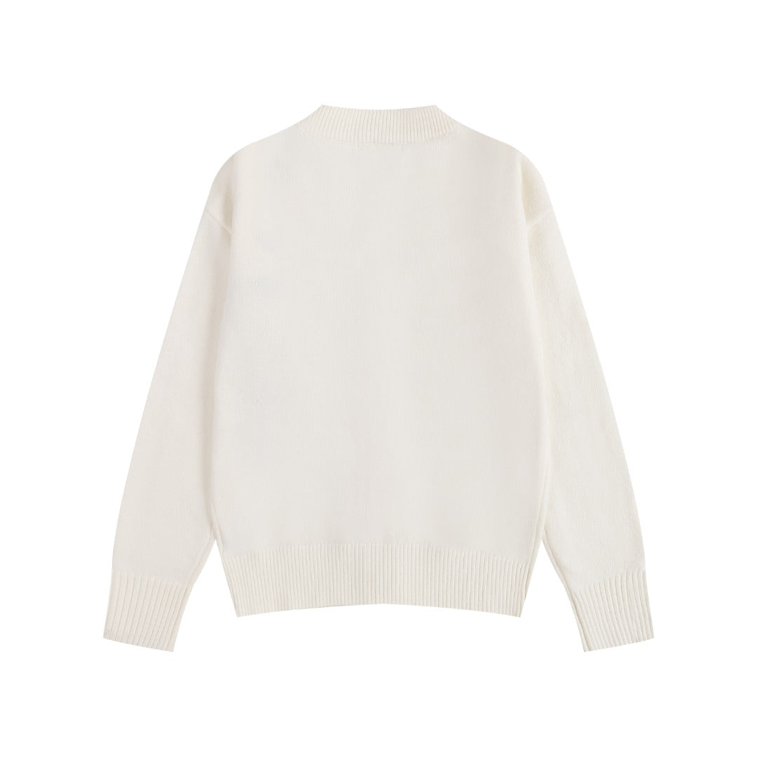 AMI Paris Ami de Cœur Gold Sequin Logo V-Neck Wool Cardigan — Ivory