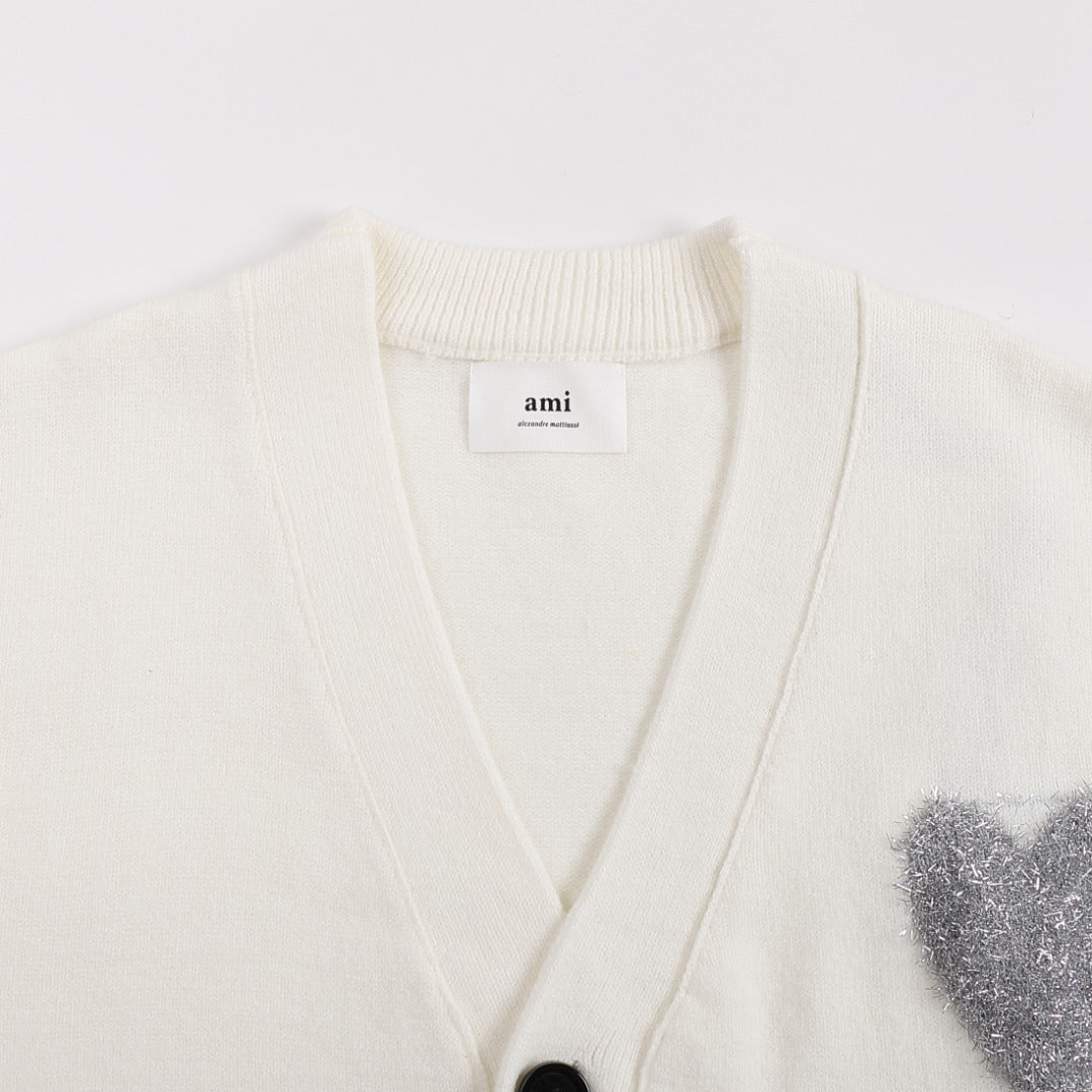 AMI Paris Ami de Cœur Gold Sequin Logo V-Neck Wool Cardigan — Ivory