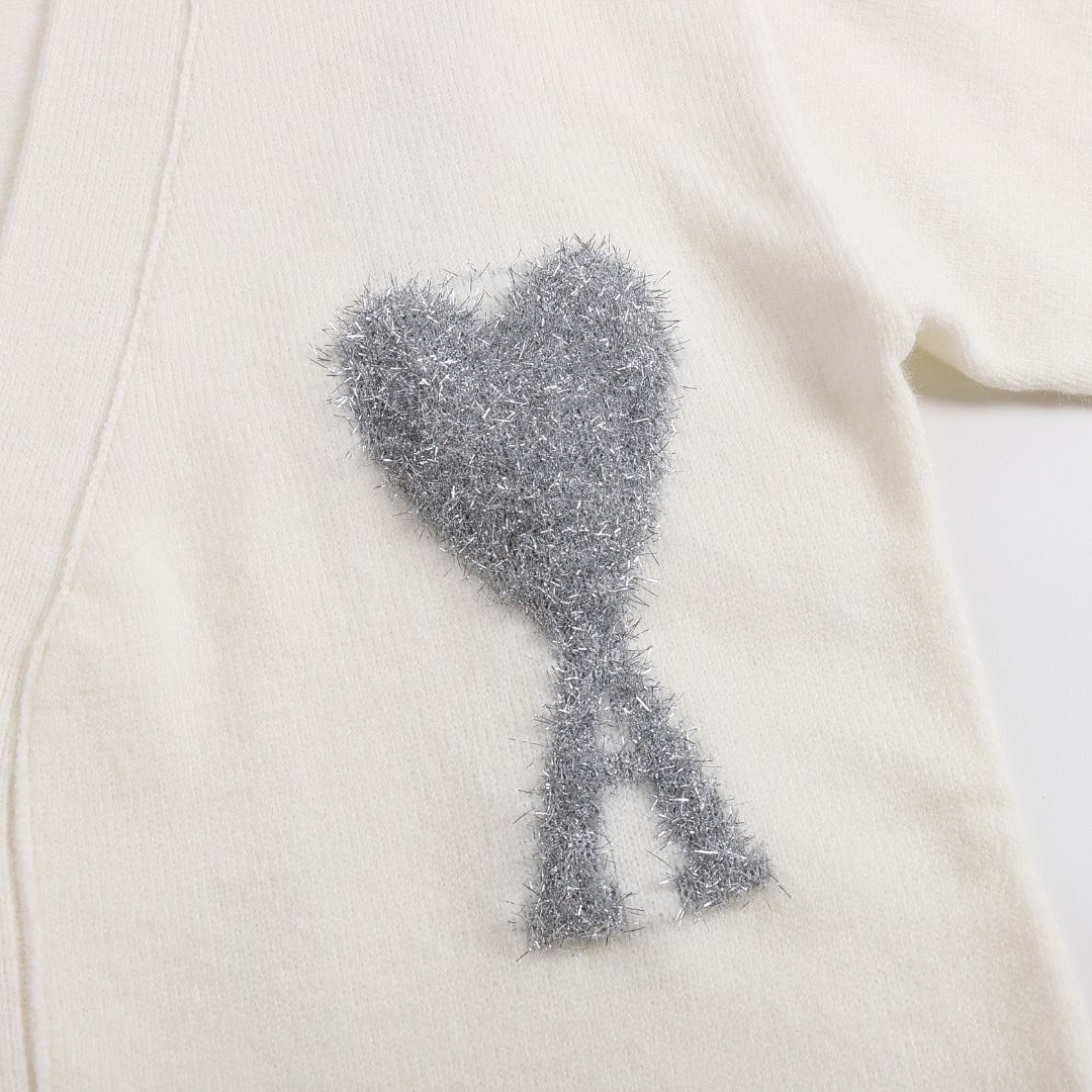 AMI Paris Ami de Cœur Gold Sequin Logo V-Neck Wool Cardigan — Ivory