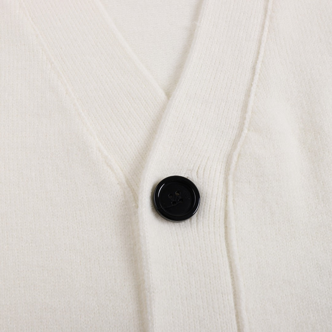 AMI Paris Ami de Cœur Gold Sequin Logo V-Neck Wool Cardigan — Ivory