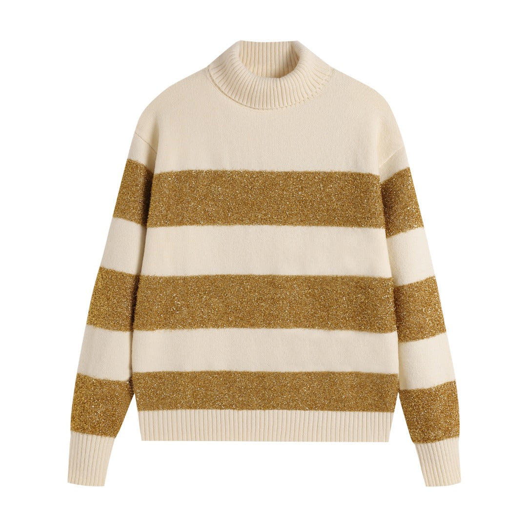 AMI Paris Metallic Lurex Stripe Turtleneck Sweater — Ivory