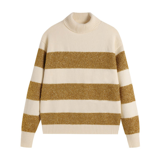 AMI Paris Metallic Lurex Stripe Turtleneck Sweater — Ivory