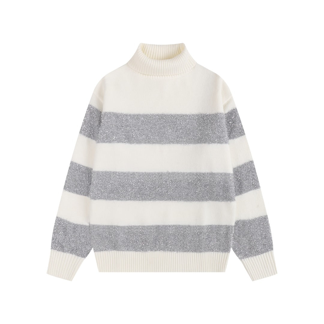 AMI Paris Metallic Lurex Stripe Turtleneck Sweater — Ivory