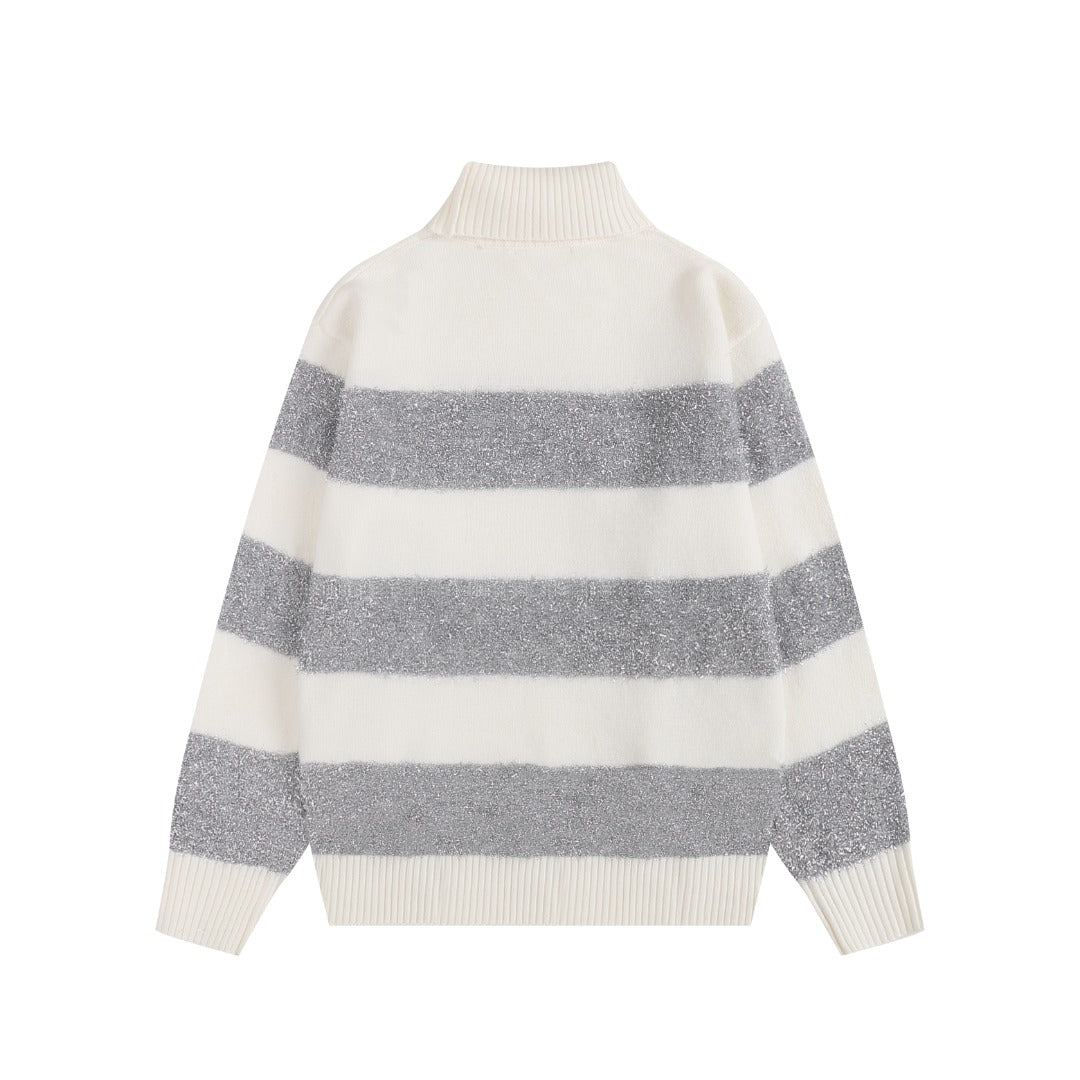 AMI Paris Metallic Lurex Stripe Turtleneck Sweater — Ivory