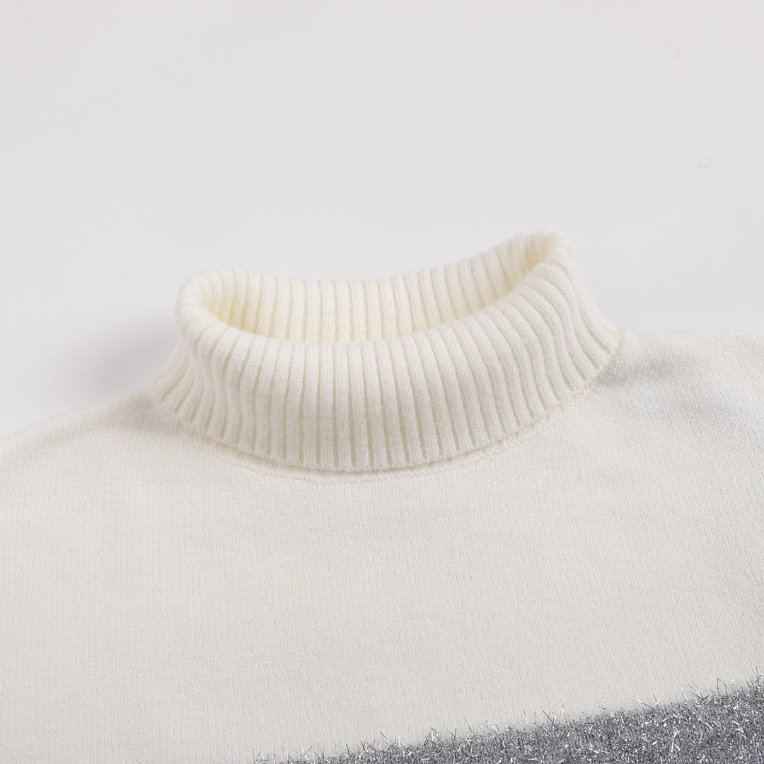 AMI Paris Metallic Lurex Stripe Turtleneck Sweater — Ivory