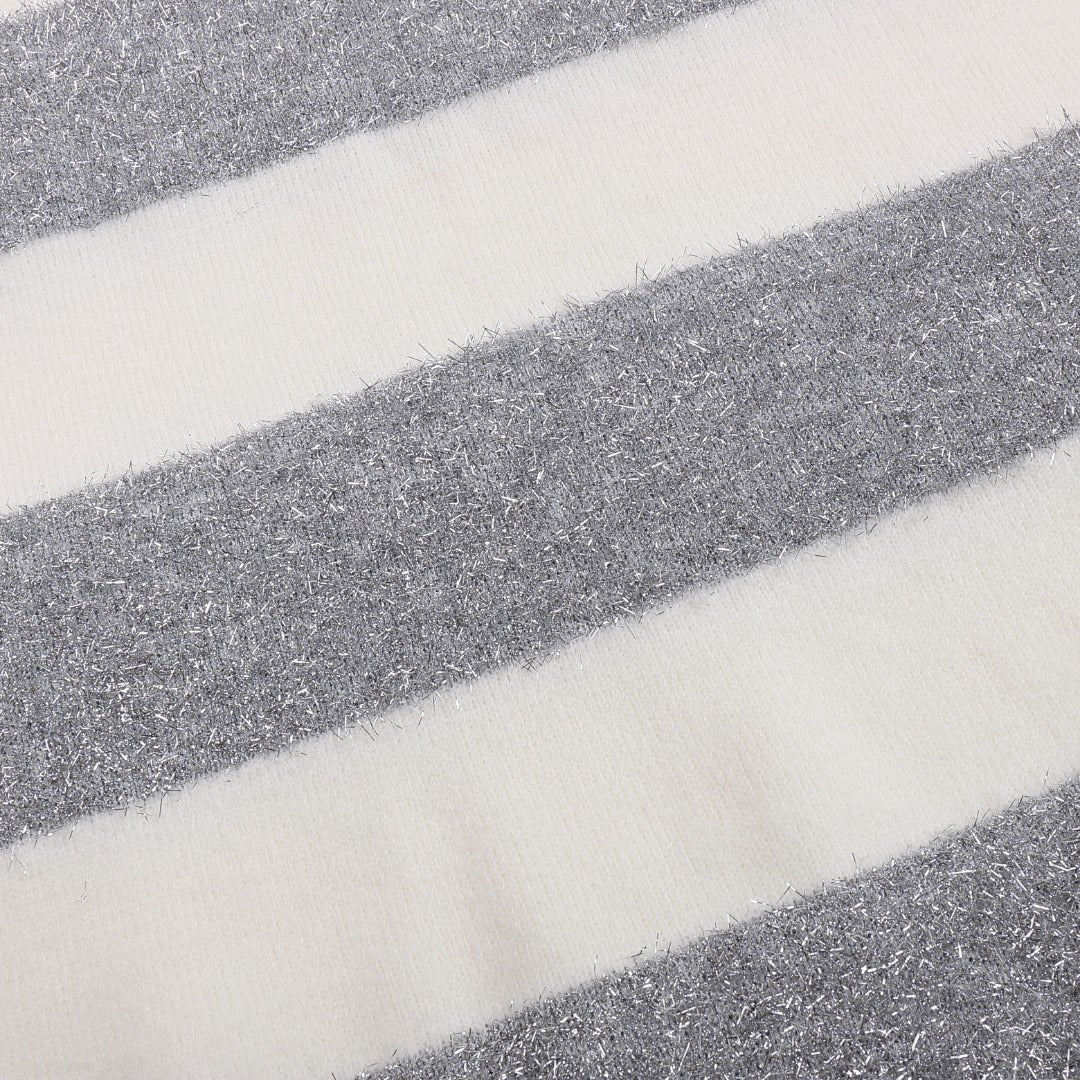 AMI Paris Metallic Lurex Stripe Turtleneck Sweater — Ivory