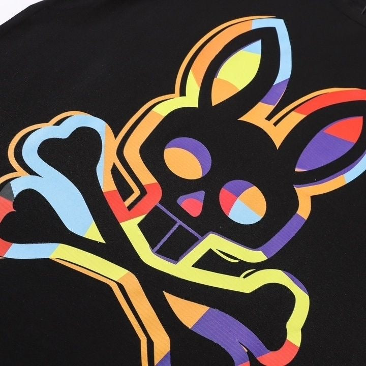 Psycho Bunny Neon Line Art Tee – Black Oversized Rainbow Outline Streetwear T-Shirt