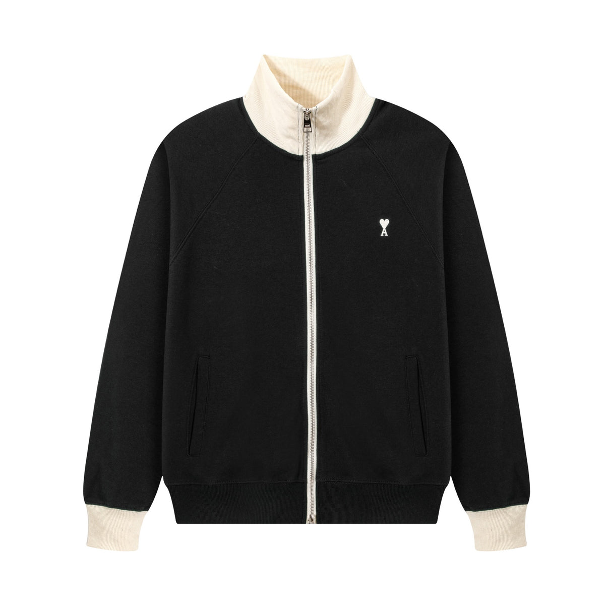AMI Paris Ami de Cœur Stand-Collar Zip Jacket – Black & Cream