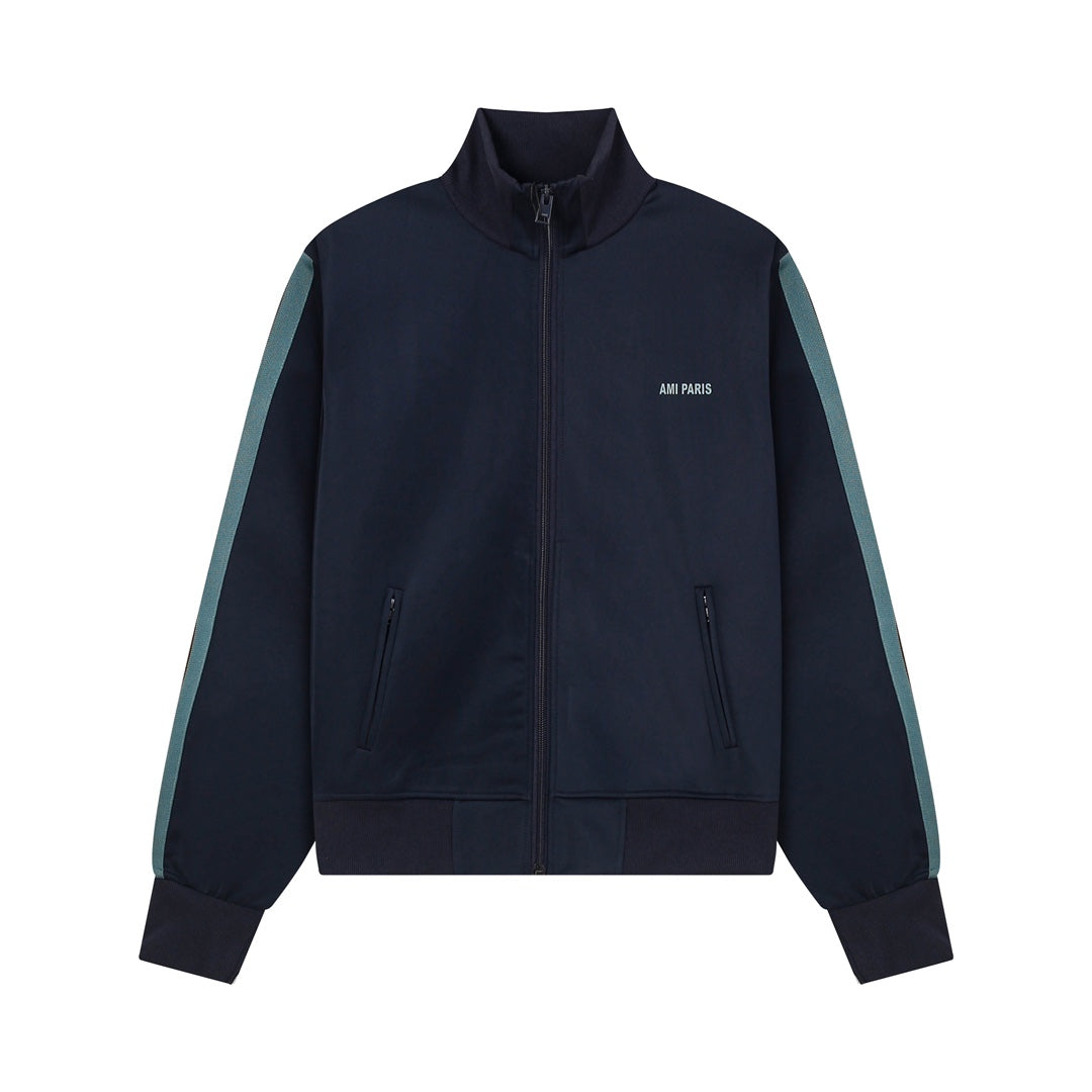 AMI Paris Sleeve-Stripe Zip Track Jacket – Navy & Sage