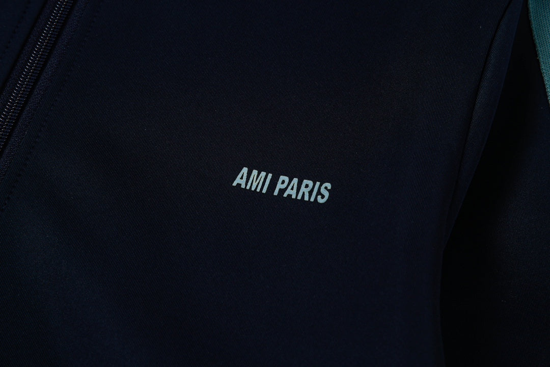 AMI Paris Sleeve-Stripe Zip Track Jacket – Navy & Sage