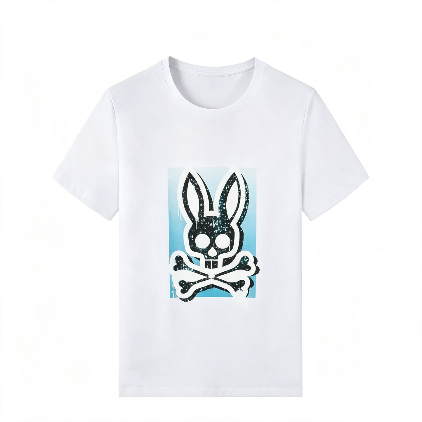 Psycho Bunny Spray Paint Tee – White Sky Blue Graffiti Streetwear T-Shirt