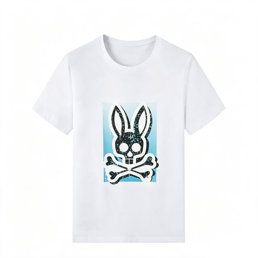 Psycho Bunny Spray Paint Tee – White Sky Blue Graffiti Streetwear T-Shirt