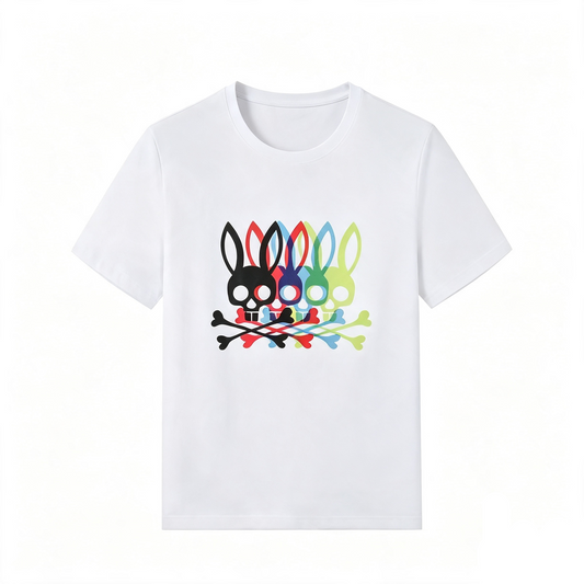 Psycho Bunny Quad Overlap Tee – White Four-Color Double Exposure Streetwear T-Shirt