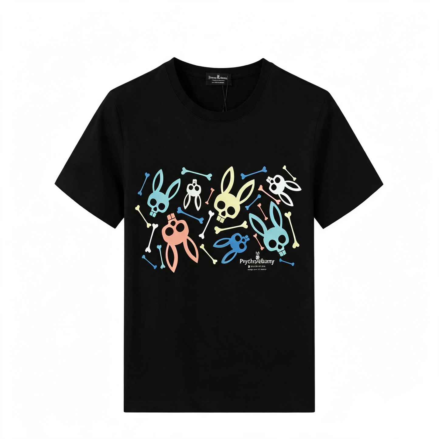 Psycho Bunny Scattered Allover Tee – Black Pastel Multicolor Streetwear T-Shirt