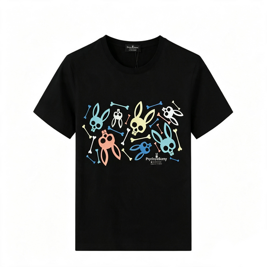 Psycho Bunny Scattered Allover Tee – Black Pastel Multicolor Streetwear T-Shirt