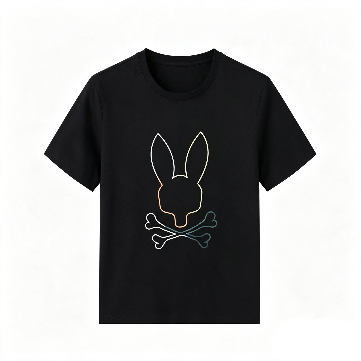 Psycho Bunny Neon Outline Tee – Black Holographic Line Art Streetwear T-Shirt