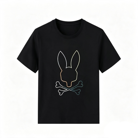 Psycho Bunny Neon Outline Tee – Black Holographic Line Art Streetwear T-Shirt