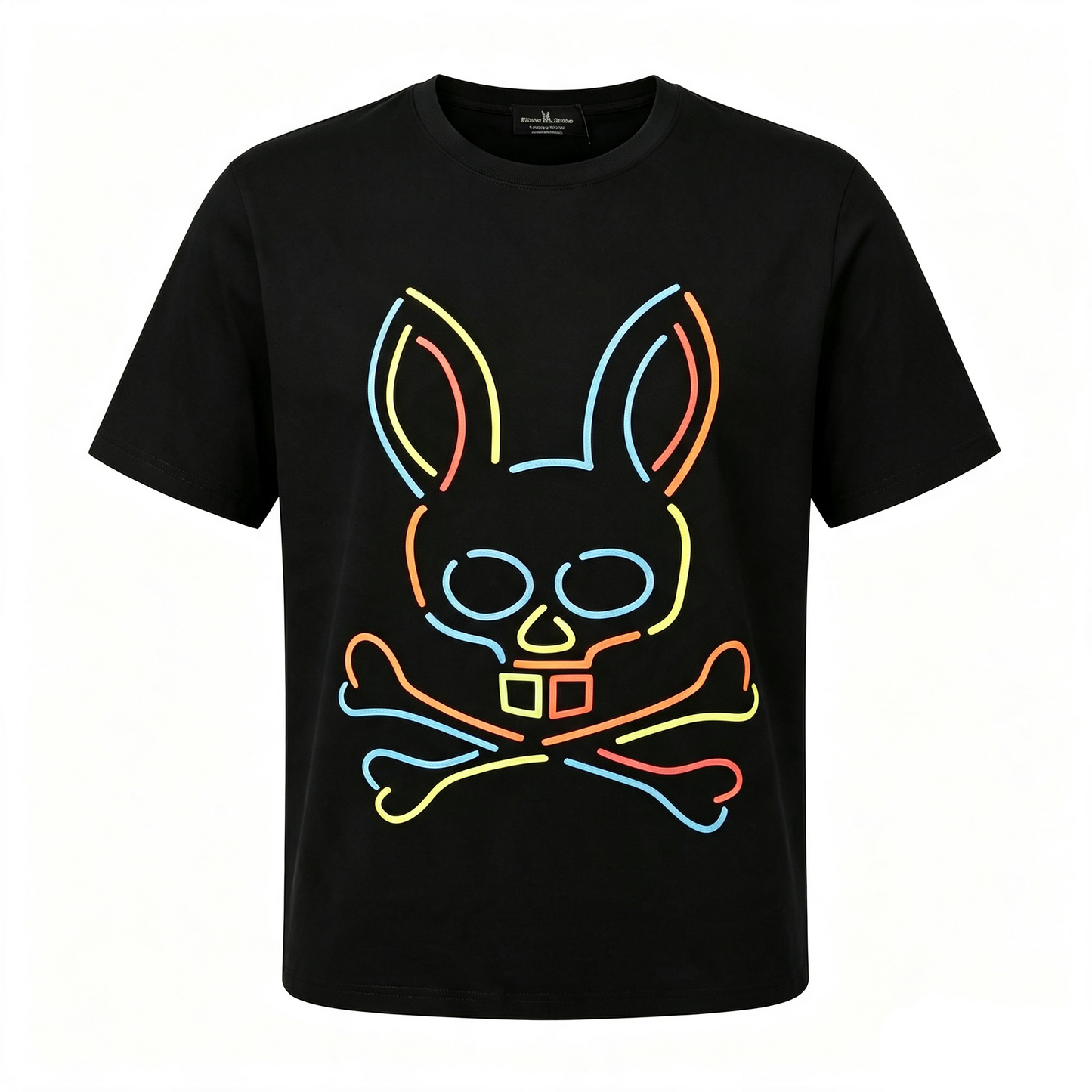 Psycho Bunny Neon Line Art Tee – Black Oversized Rainbow Outline Streetwear T-Shirt