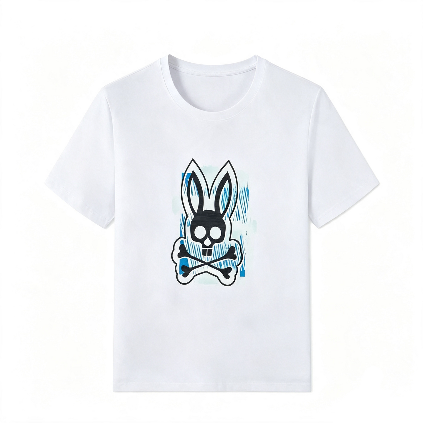 Psycho Bunny Sketch Block Tee – White Sky Blue Brushstroke Graffiti Streetwear T-Shirt