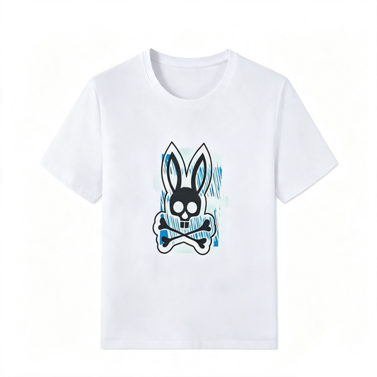 Psycho Bunny Sketch Block Tee – White Sky Blue Brushstroke Graffiti Streetwear T-Shirt