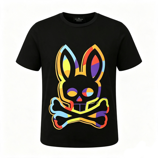 Psycho Bunny Stained Glass Tee – Black Multicolor Geometric Neon Streetwear T-Shirt