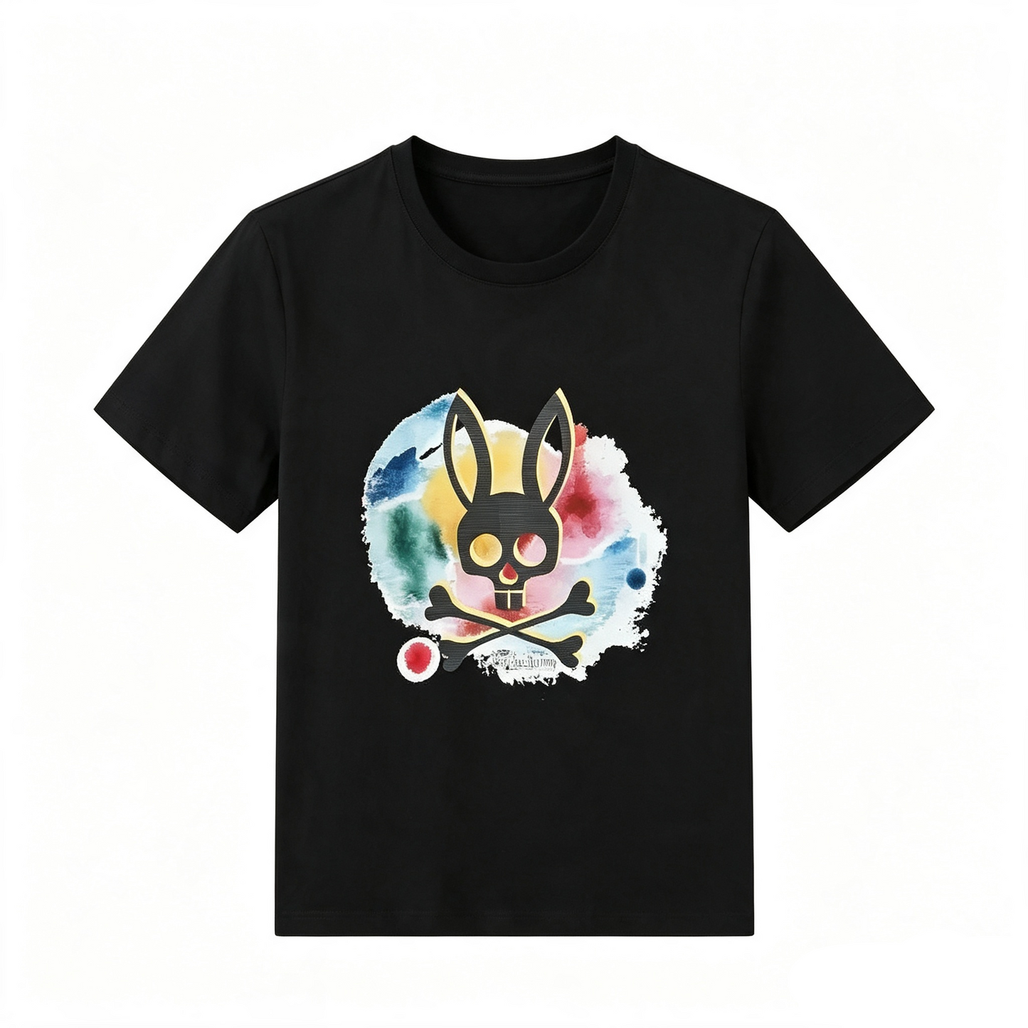 Psycho Bunny Watercolor Orb Tee – Black Silhouette on Paint Wash Streetwear T-Shirt