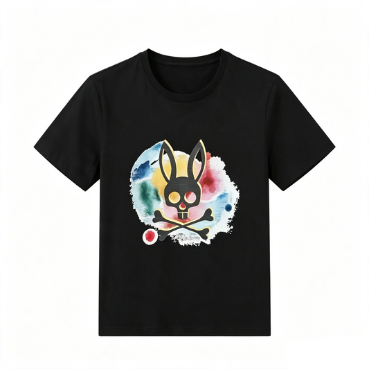 Psycho Bunny Watercolor Orb Tee – Black Silhouette on Paint Wash Streetwear T-Shirt