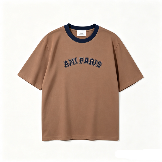 AMI Paris Arch Logo Ringer T-Shirt — Camel / Navy