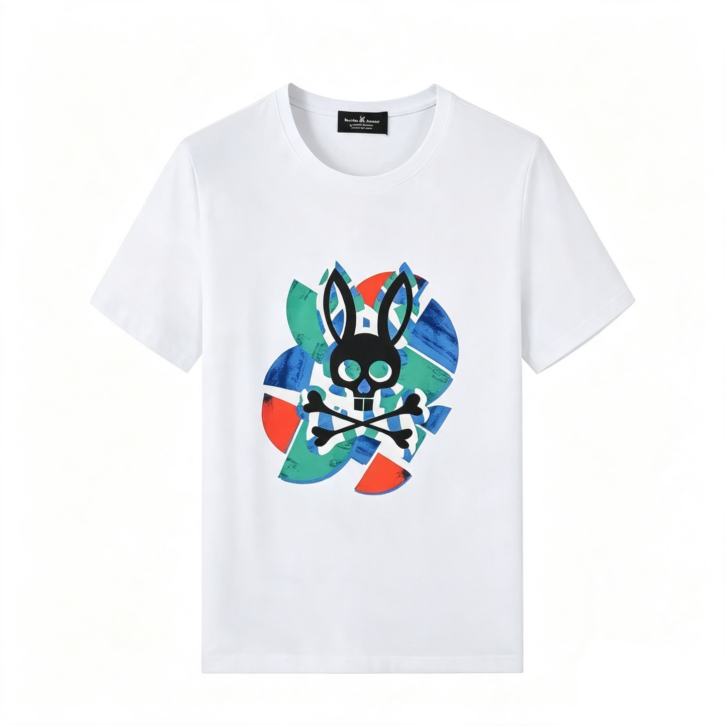 Psycho Bunny Collage Petal Tee – White Geometric Patchwork Streetwear T-Shirt