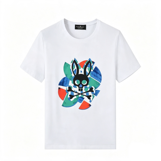 Psycho Bunny Collage Petal Tee – White Geometric Patchwork Streetwear T-Shirt