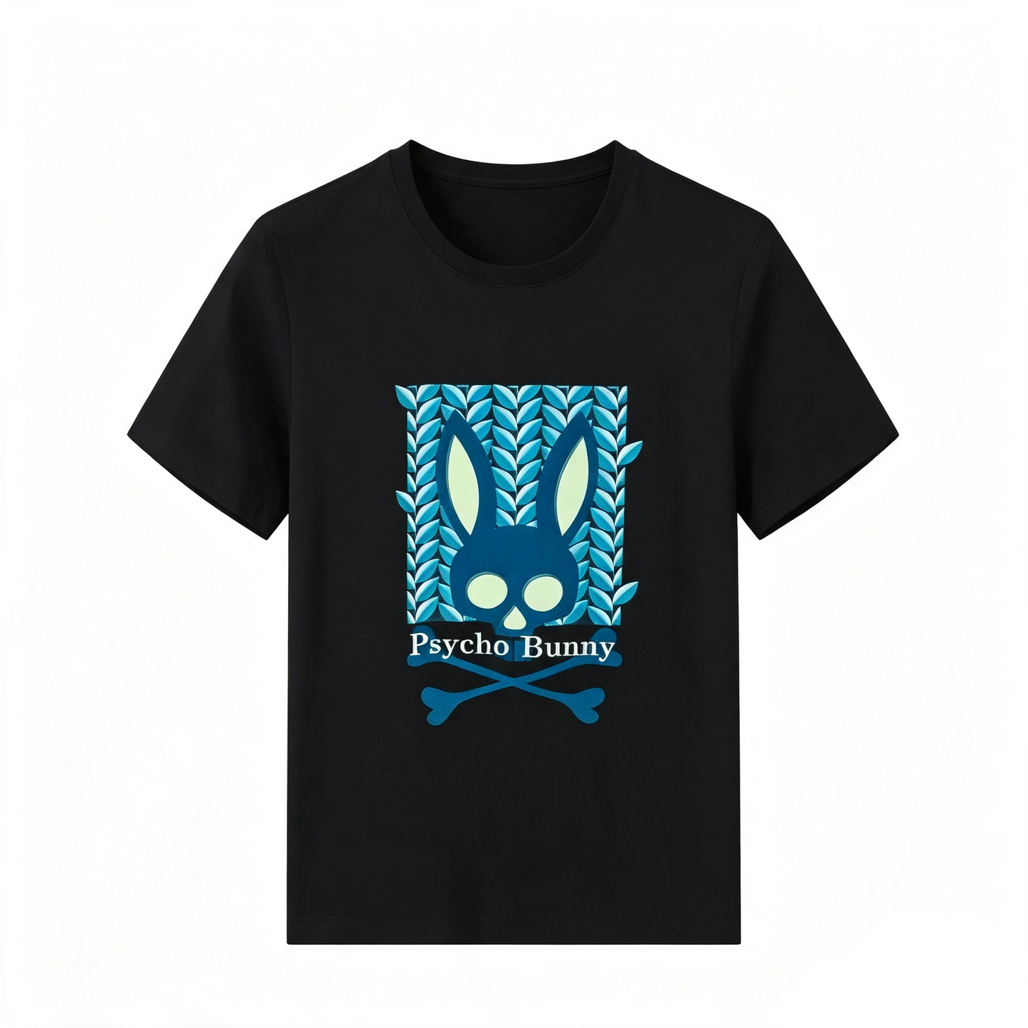 Psycho Bunny Woven Crest Tee – Black Navy Botanical Frame Streetwear T-Shirt